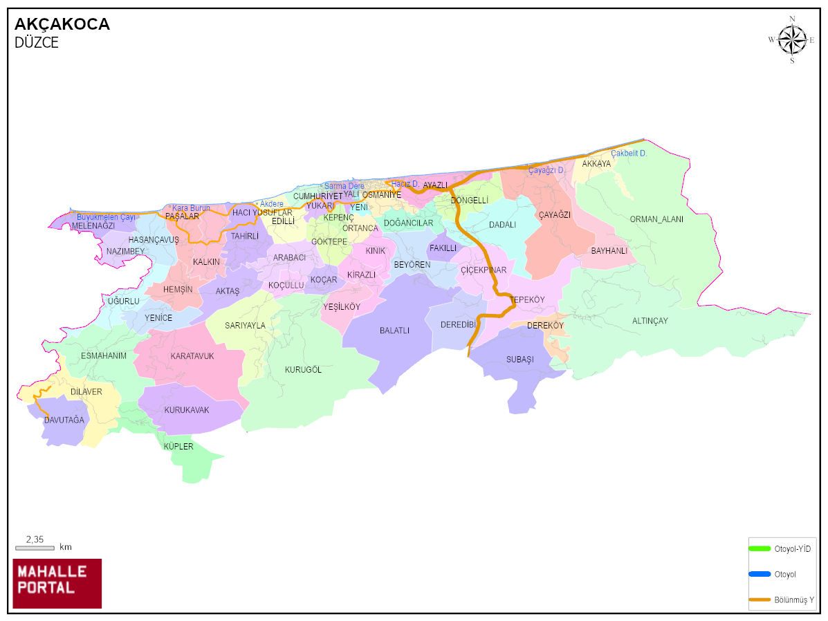 AKÇAKOCA Mahalle Köy Haritası | İlçe Mahalleleri ve Köy Sınırları
