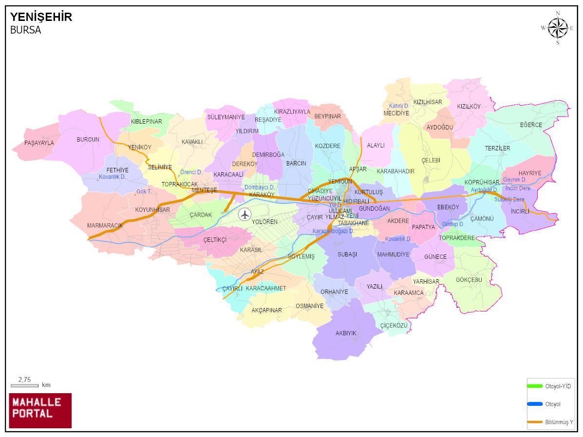 YENİŞEHİR Mahalle Köy Haritası | İlçedeki Tüm Mahalle ve Köyler