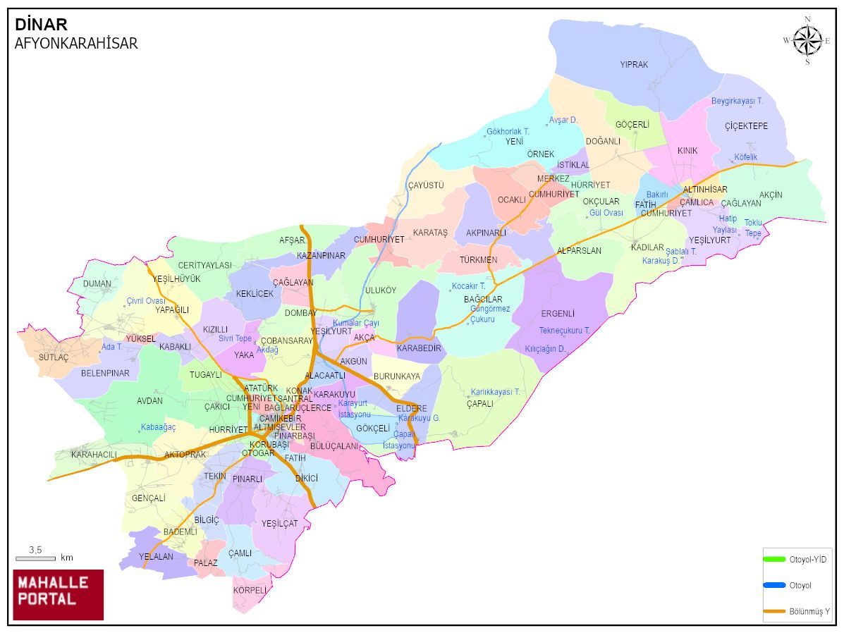 DİNAR Mahalle Köy Haritası | İlçe Mahalleleri ve Köy Sınırları