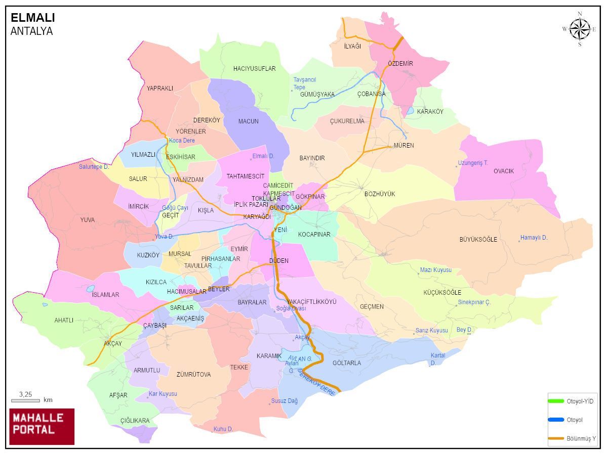 ELMALI Mahalle Köy Haritası | İlçe Mahalleleri ve Köy Sınırları