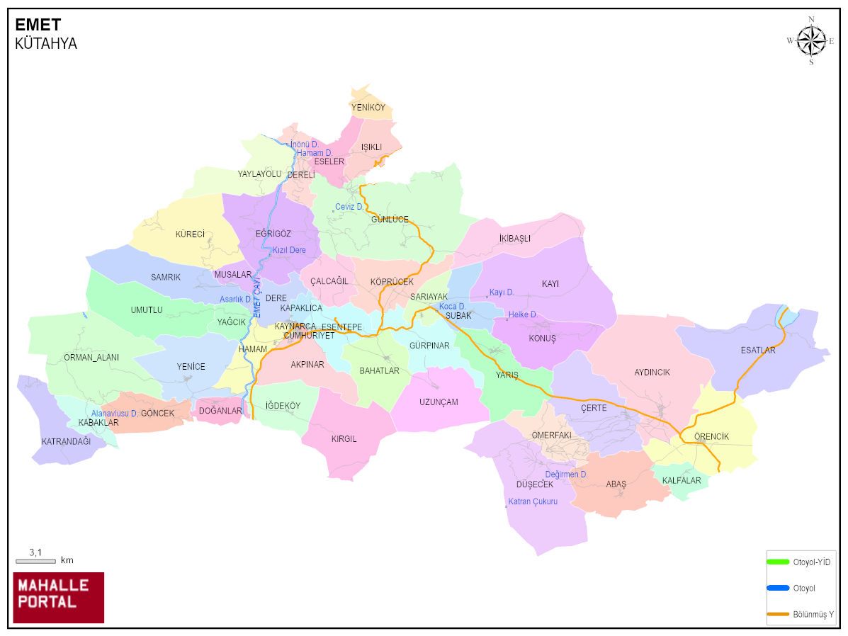 EMET Mahalle Köy Haritası | İlçe Mahalleleri ve Köy Sınırları