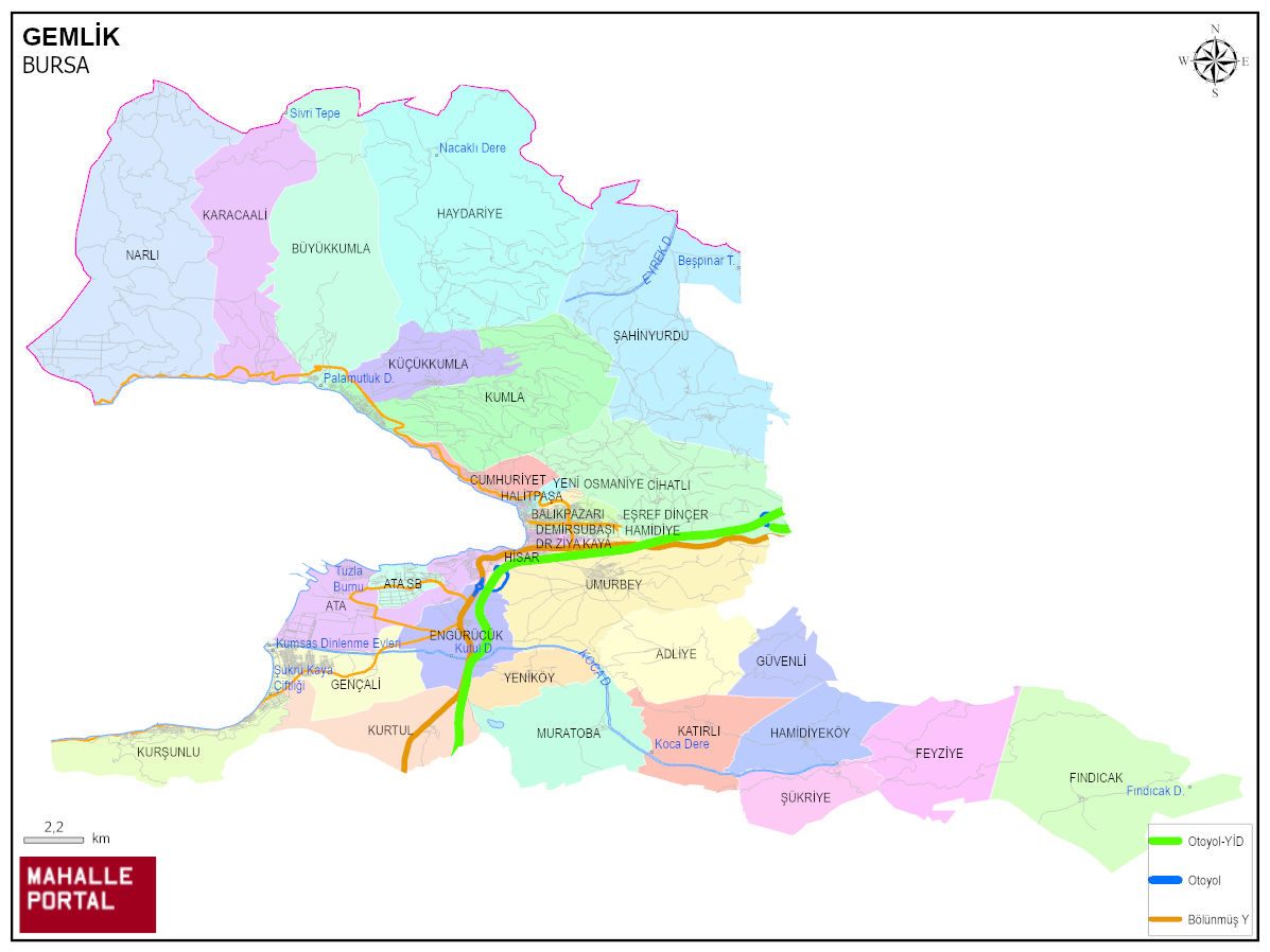 GEMLİK Mahalle Köy Haritası | İlçe Mahalleleri ve Köy Sınırları