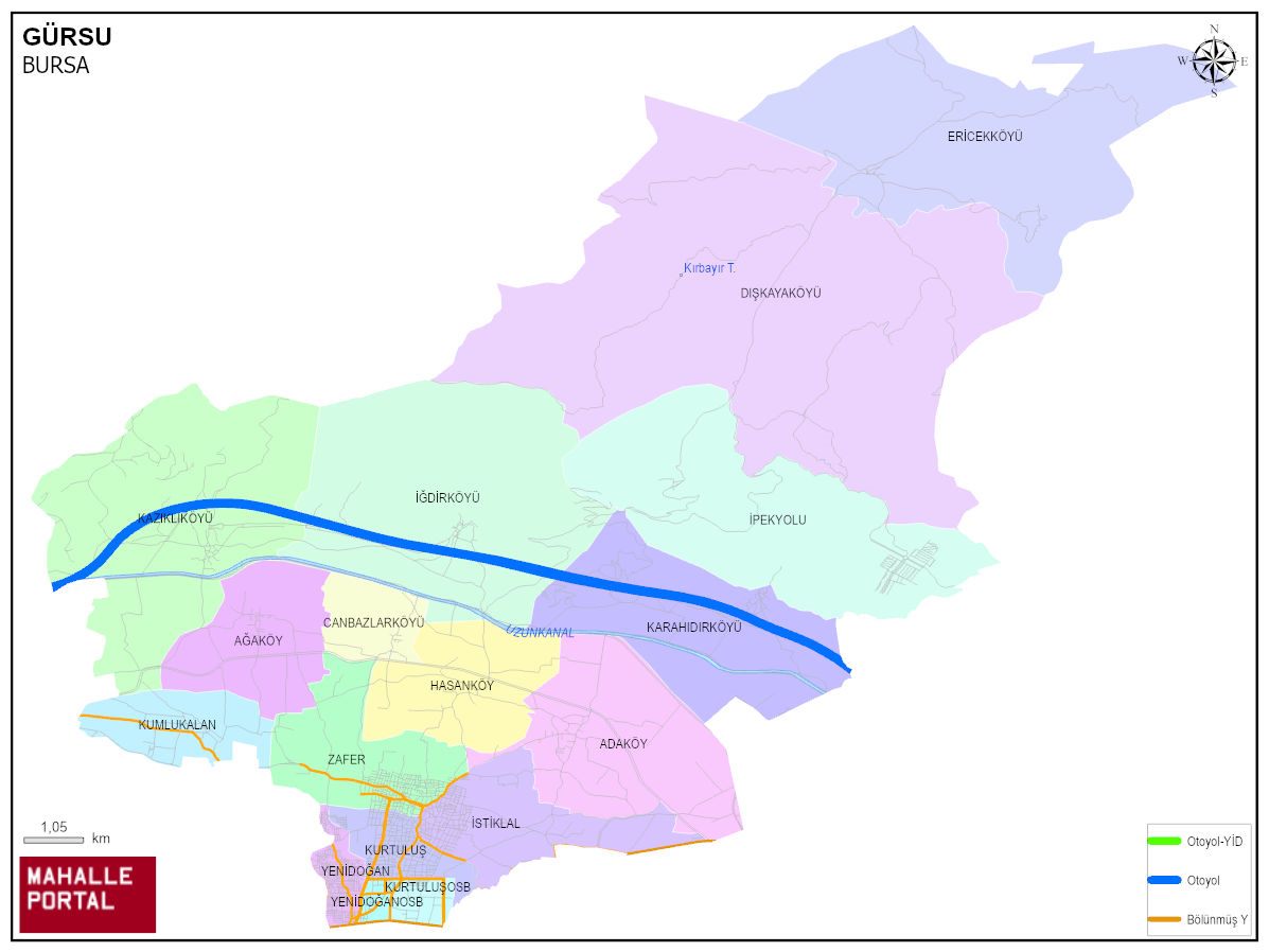 GÜRSU Mahalle Köy Haritası | İlçe Mahalleleri ve Köy Sınırları