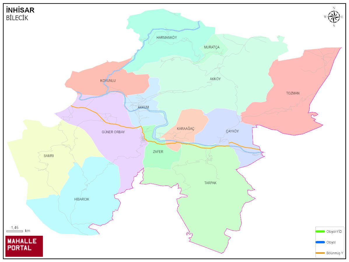 İNHİSAR Mahalle Köy Haritası | İlçedeki Tüm Mahalle ve Köyler