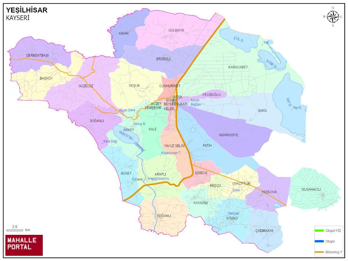 YEŞİLHİSAR Mahalle Köy Haritası | İlçedeki Tüm Mahalle ve Köyler