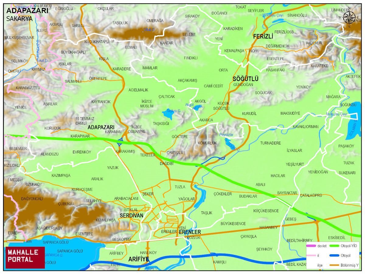 ADAPAZARI Fiziki Haritası | Dağlar, Ovalar ve Akarsu Bilgileri