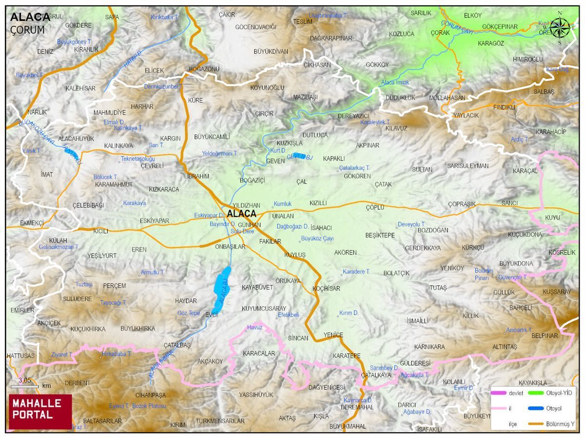 ALACA Fiziki Haritası | Dağlar, Ovalar ve Akarsu Bilgileri