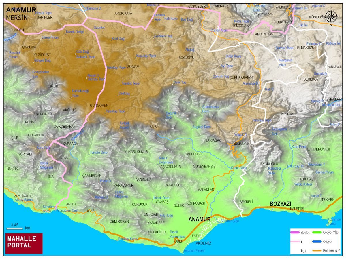 ANAMUR Fiziki Haritası | Dağlar, Ovalar ve Akarsu Bilgileri
