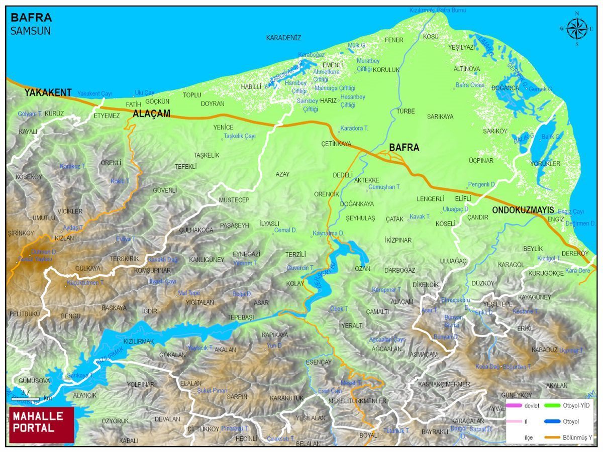 BAFRA Fiziki Haritası | Dağlar, Ovalar ve Akarsu Bilgileri