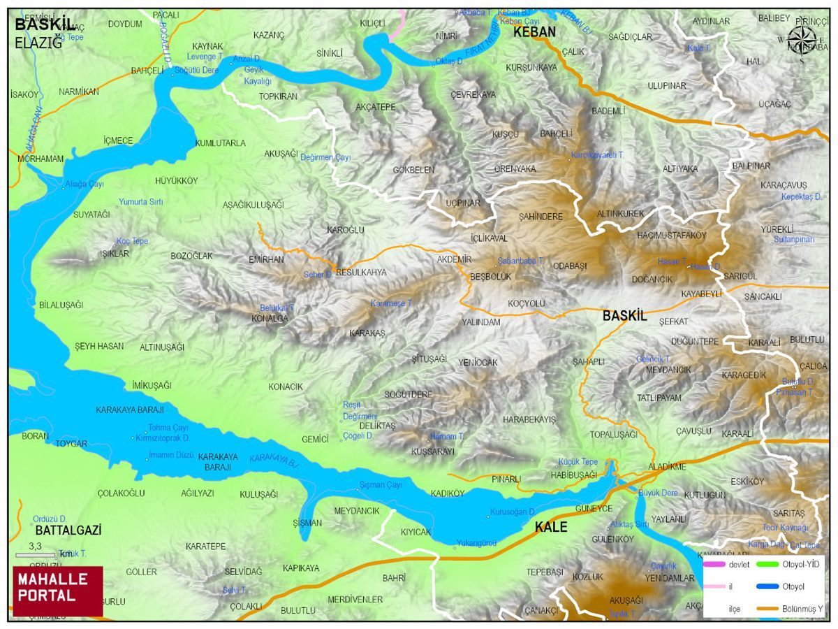 BASKİL Fiziki Haritası | Dağlar, Ovalar ve Akarsu Bilgileri