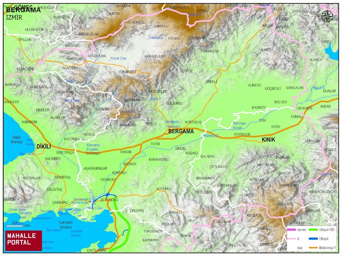 BERGAMA Fiziki Haritası | Dağlar, Ovalar ve Akarsu Bilgileri