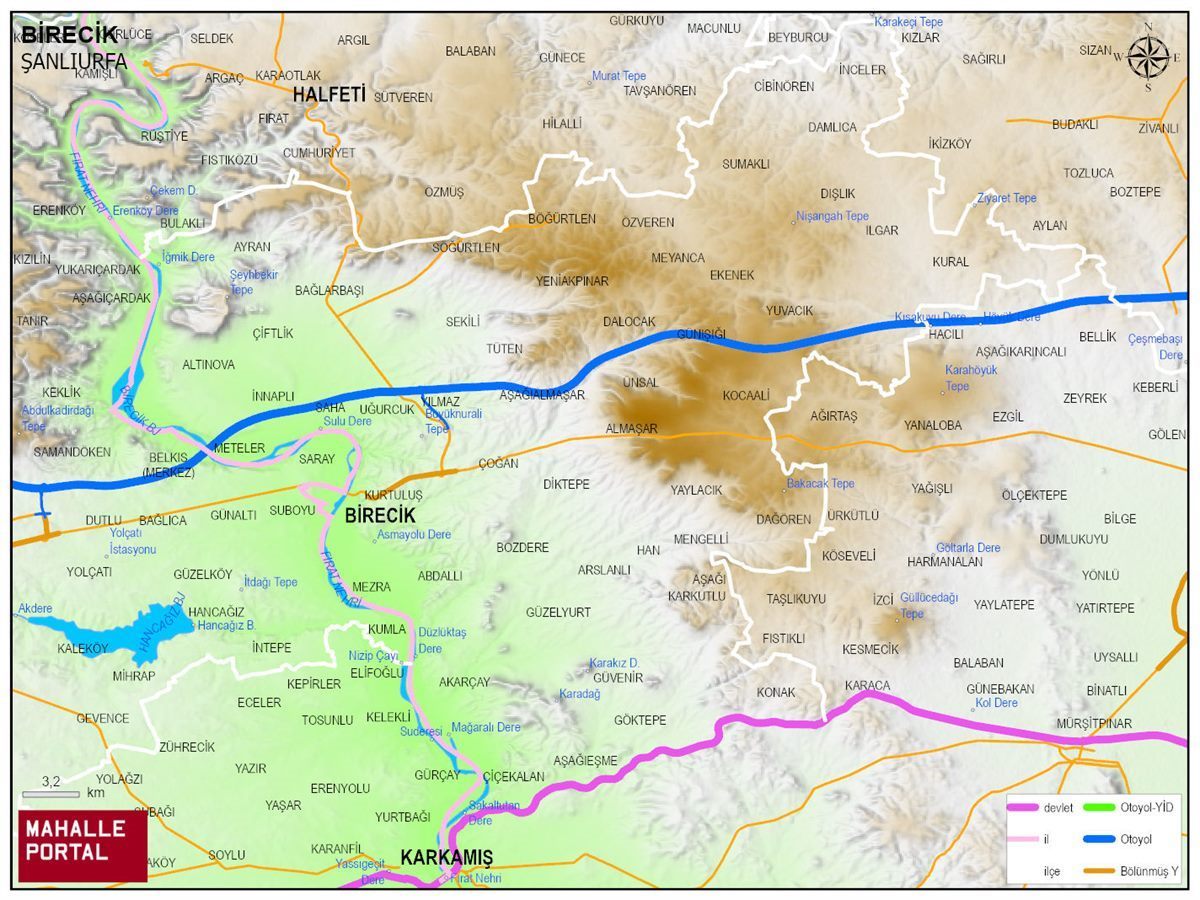 BİRECİK Fiziki Haritası | Dağlar, Ovalar ve Akarsu Bilgileri
