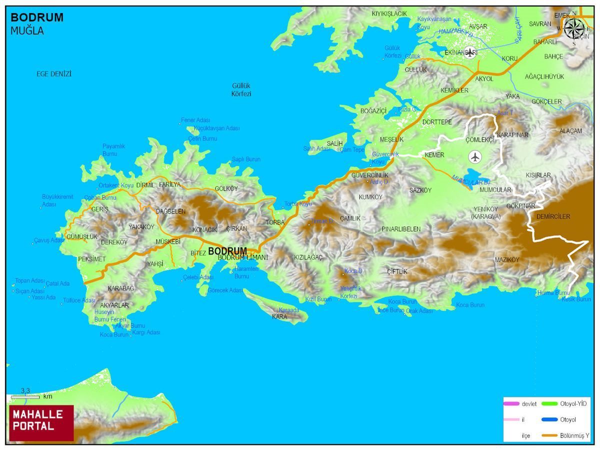 BODRUM Fiziki Haritası | Dağlar, Ovalar ve Akarsu Bilgileri