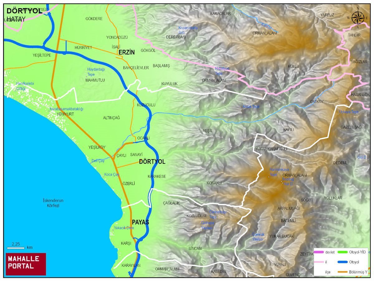 DÖRTYOL Fiziki Haritası | Dağlar, Ovalar ve Akarsu Bilgileri