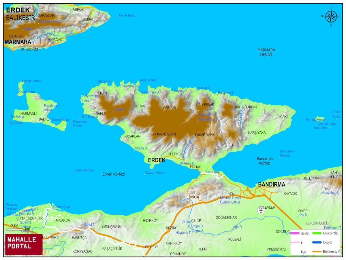 ERDEK Fiziki Haritası | Dağlar, Ovalar ve Akarsu Bilgileri