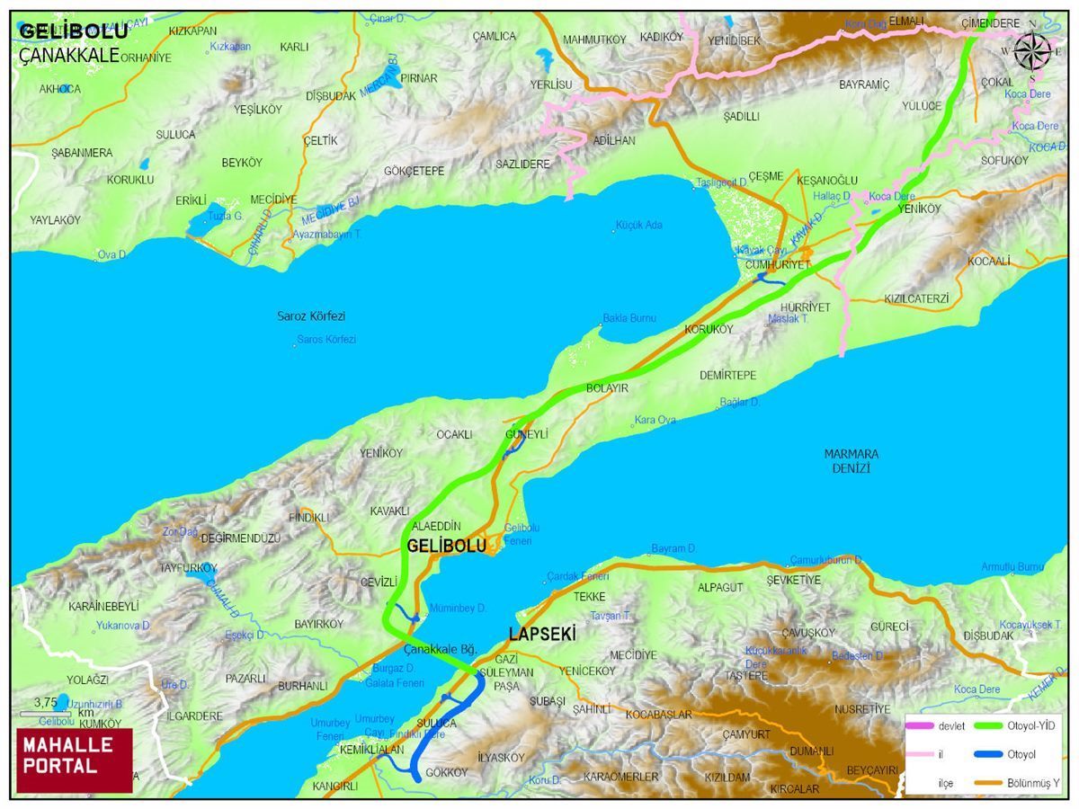 GELİBOLU Fiziki Haritası | Dağlar, Ovalar ve Akarsu Bilgileri