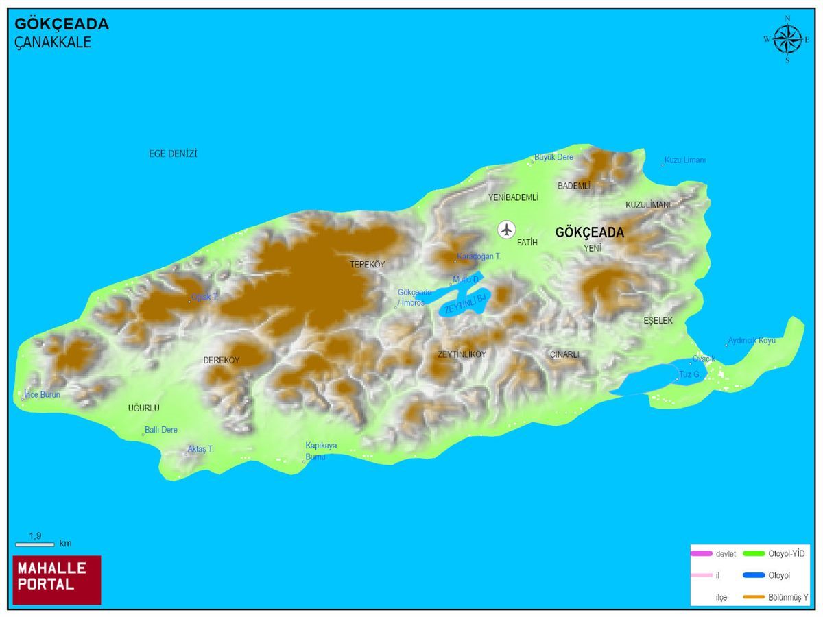 GÖKÇEADA Fiziki Haritası | Dağlar, Ovalar ve Akarsu Bilgileri