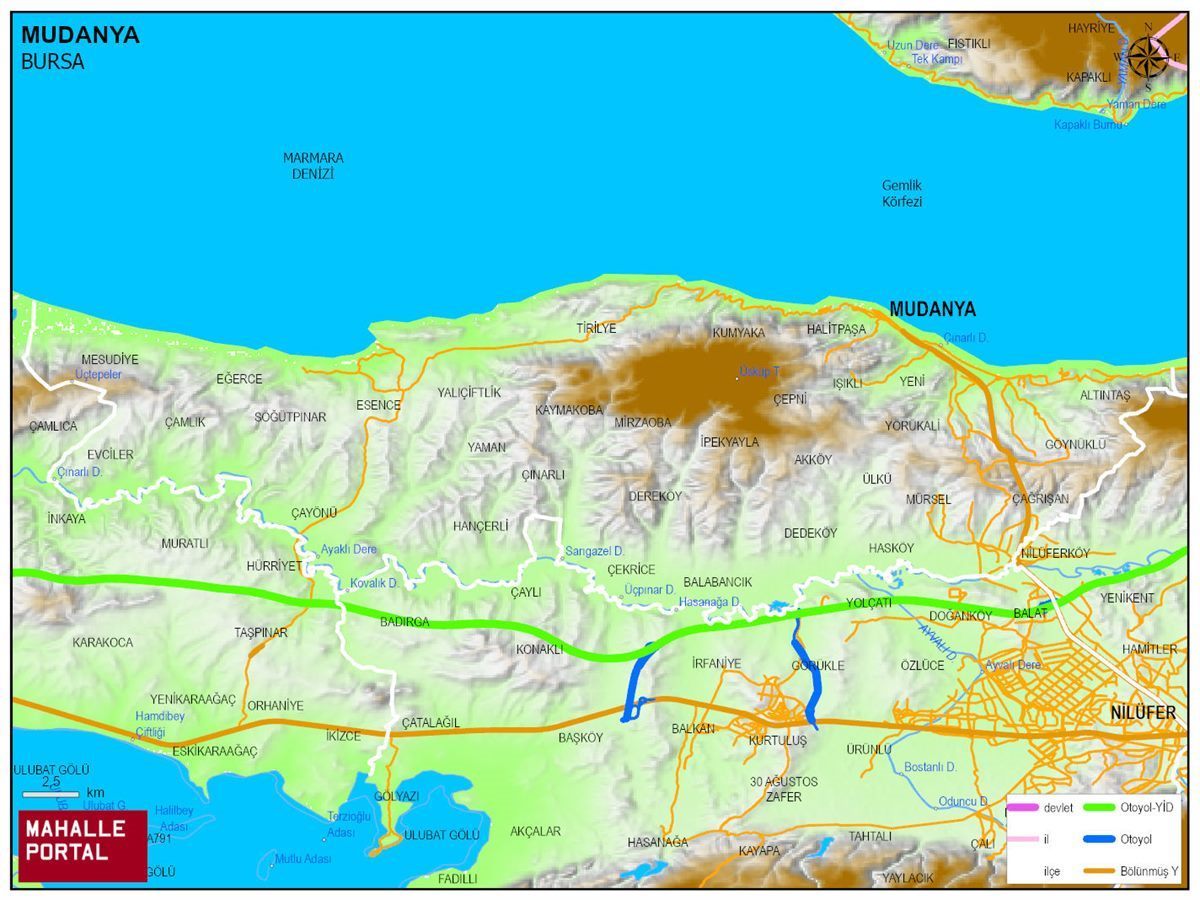 MUDANYA Fiziki Haritası | Yükselti ve Doğa Özellikleri