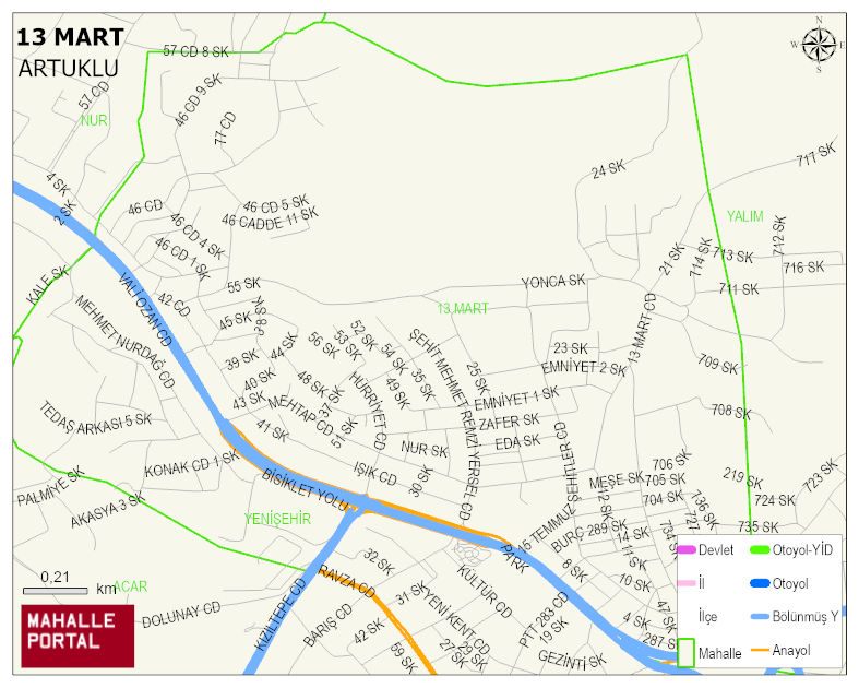 13 MART Mahallesi Haritası | İnteraktif Köy ve Mahalle Sınırları
