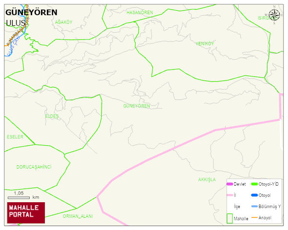 GÜNEYÖREN Köyü Haritası | Mahalle ve Köy Sınırı