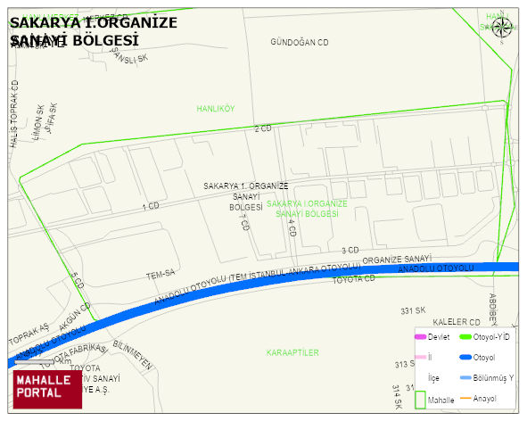 SAKARYA I.ORGANİZE SANAYİ BÖLGESİ Mahallesi Haritası | Coğrafi Yapı ve Detaylı Haritası